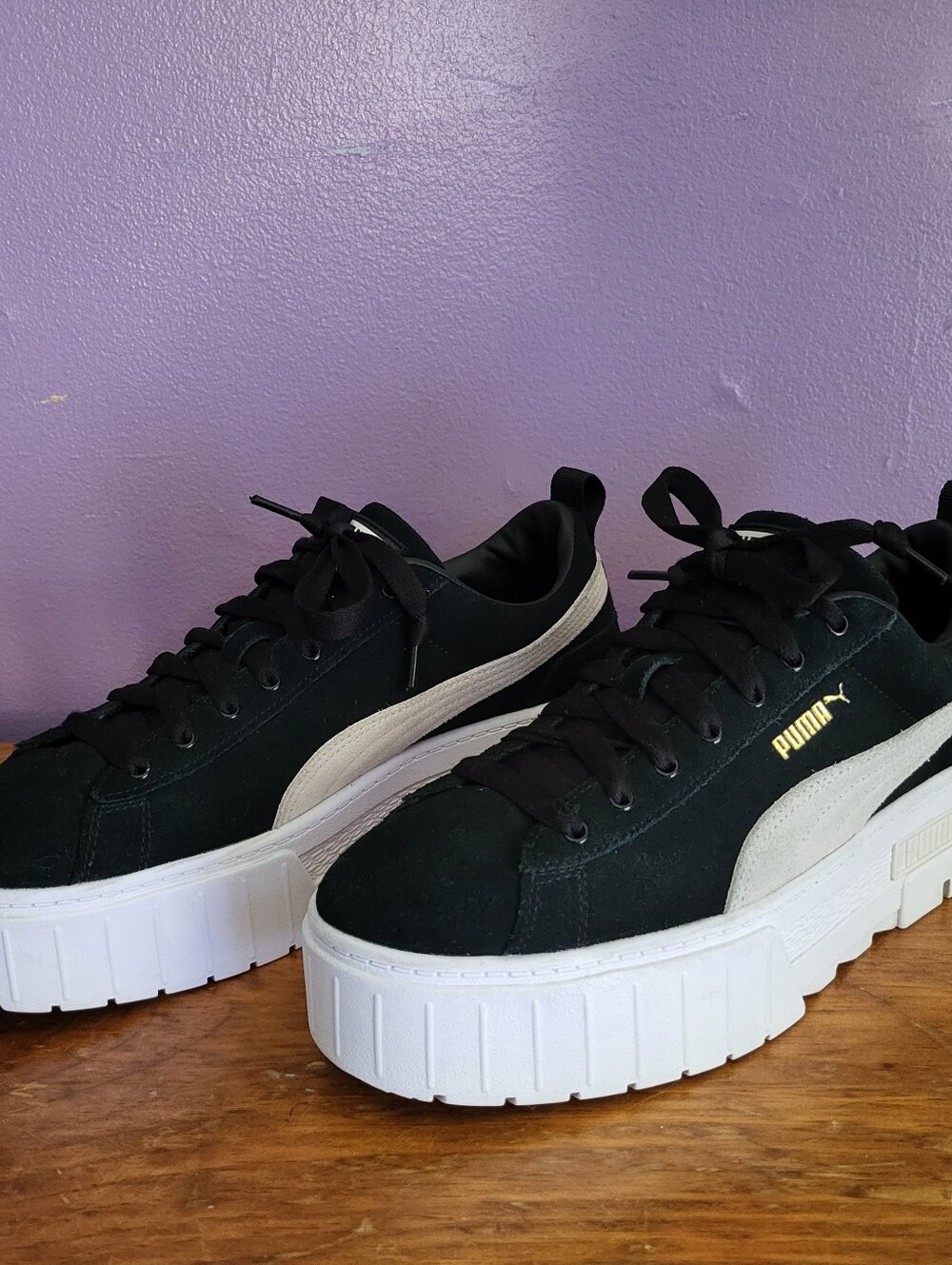 Womens Chunky Platform PUMA Lace-up Black White Suede Leather Sneakers Shoes 10 - Picture 4 of 11